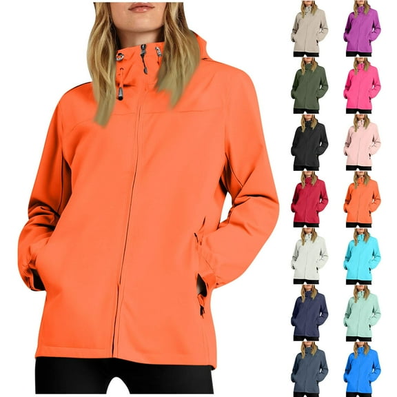 Women's Waterproof Raincoat Cuffs Waterproof Hooded Pocket Zipper Jacket Outdoor Mountaineering Clothing Sports Jacket Hooded Windbreaker Orange S-3XL