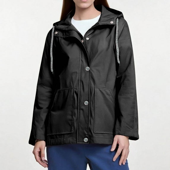 Women's Waterproof Ski Jacket Ndbuld Women Solid Rain Jacket Outdoor Plus Size Hooded Raincoat Windproof Sales Today Clearance Black M