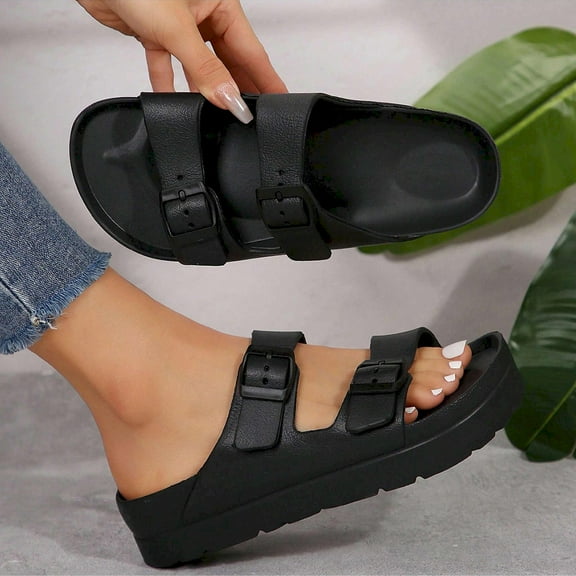 Women's Waterproof Slide Sandals Featuring Adjustable Buckle, Flat & Comfortable for Beach and Fashion.
