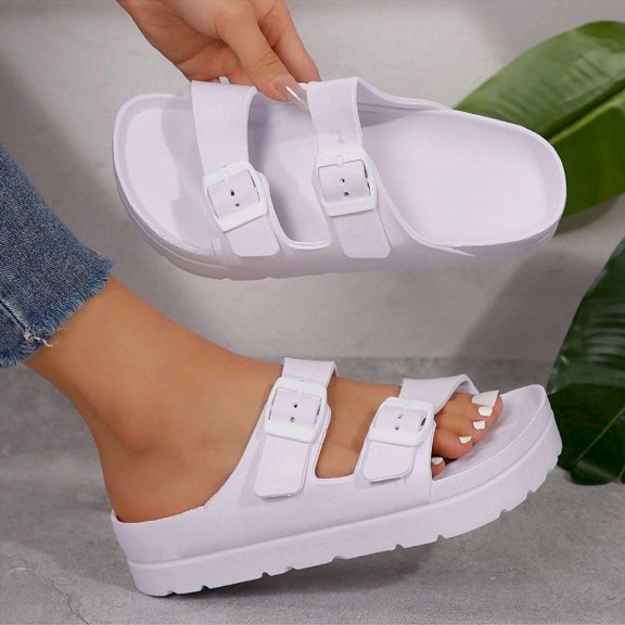 Women's Waterproof Slide Sandals with Adjustable Double Buckle, Flat Sole for Beach and Fashion