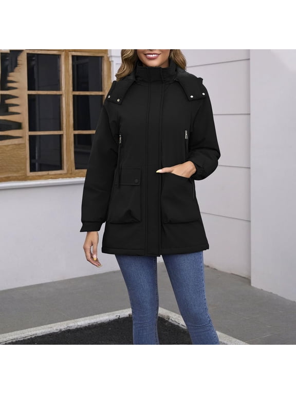 Women's Waterproof Softshell Jacket with Detachable Hood Fleece Lined Windbreaker Long Warm Parka Coat for Outdoor Hiking Travel