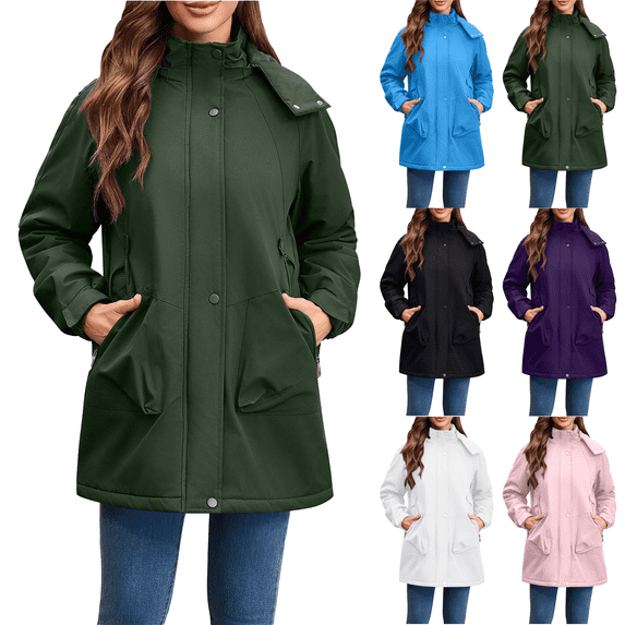 Women's Waterproof Softshell Jacket with Removable Hood Fleece Lined Windbreaker Long Warm Parka Coat for Outdoor Hiking Travel