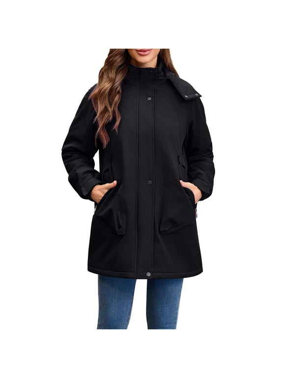 Women's Waterproof Softshell Jacket with Removable Hood Fleece Lined Windbreaker Long Warm Parka Coat for Outdoor Hiking Travel