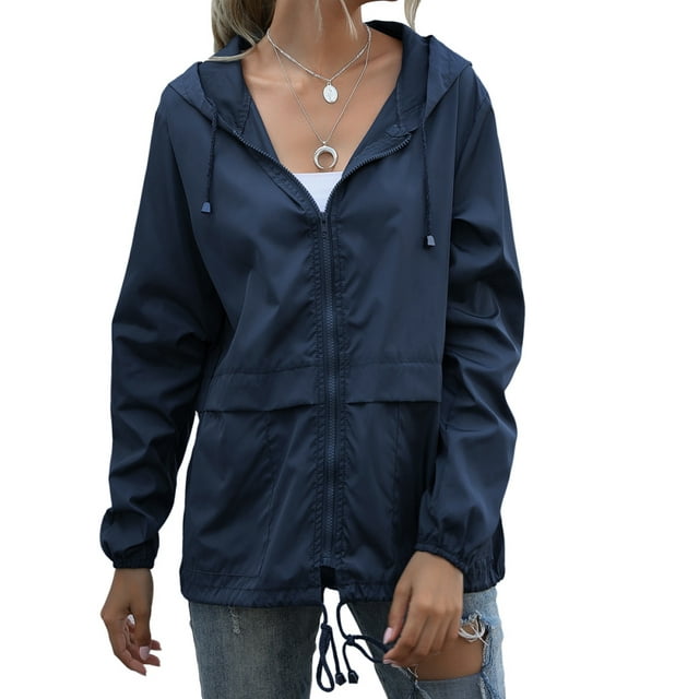 Women's Waterproof Spring Jacket Zipper Fully Taped Seams Rain Coat Spring Autumn Parka (Dark Blue, L)