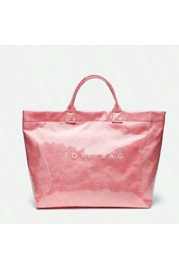 Women’s Waterproof Transparent Coated Paper Tote Bag, Large Capacity Casual Handbag with Letter Print, Lightweight Daily Shopping Shoulder Purse, Green/Brown/Gray/Pink Available