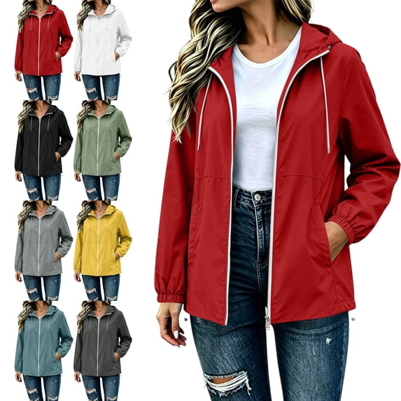Women's Waterproof Windbreaker Rain Jacket Drawstring Hooded Long Sleeve Active Solid Color Fall Winter Coat with Pockets