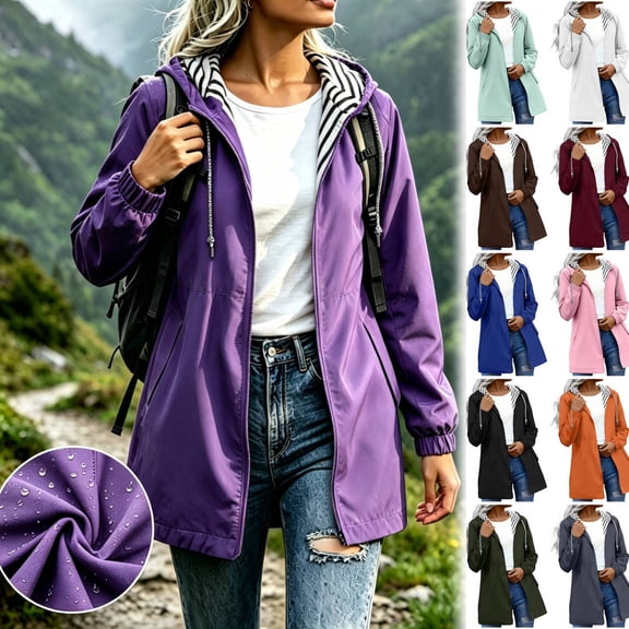 Women's Waterproof Windproof Rain Jacket Hooded Loose Fit Coat With Pocket Outdoor Raincoat Windbreaker Jacket for Hiking Travel | CSEONE,Purple XL