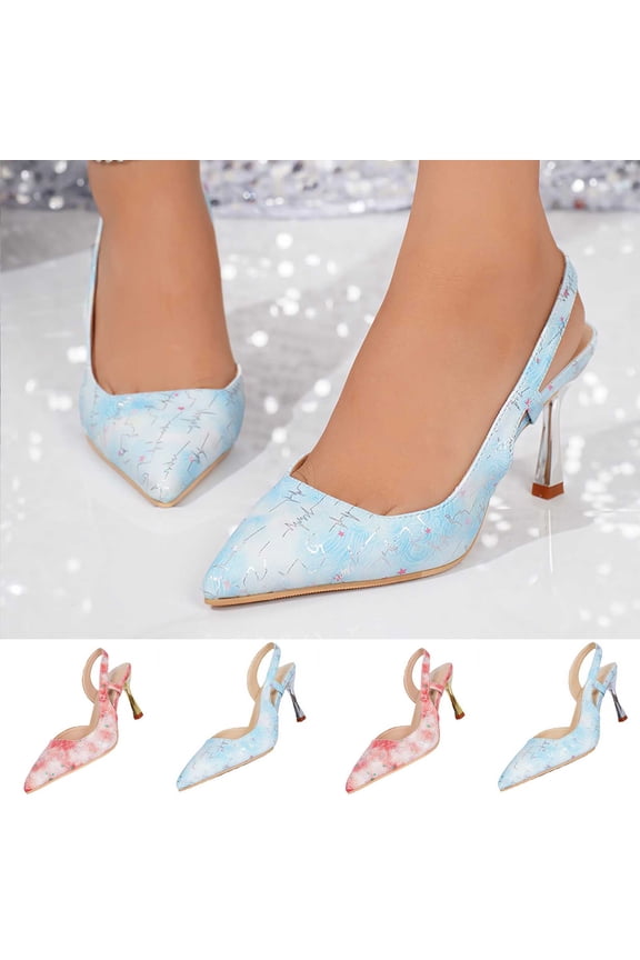 Women's Wave Print Pointed Toe Slingback Heels, Trendy Metallic Stiletto Pumps, Comfortable Closed Toe Dress Shoes for Spring Summer, Plus Size Available for Wide Feet, Fashionable Outdoor Heels