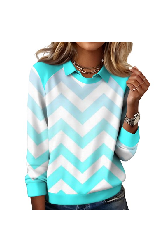 Women's Wave Printed Casual Long Sleeved Sweatshirt Top with Wave Pattern - Unique and Fashionable Women's Casual Top,Light Blue,S