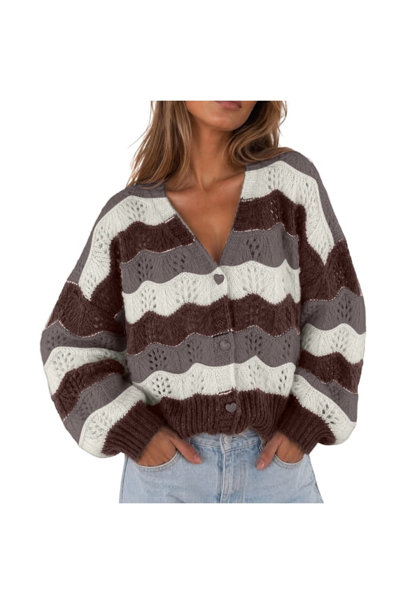 Women's Wave Stripe Knit Cardigan Color Block V Neck Heart Button Long Sleeve Knit Tops Soft Lightweight Sweater Jacket Fall Layering Coat Brown