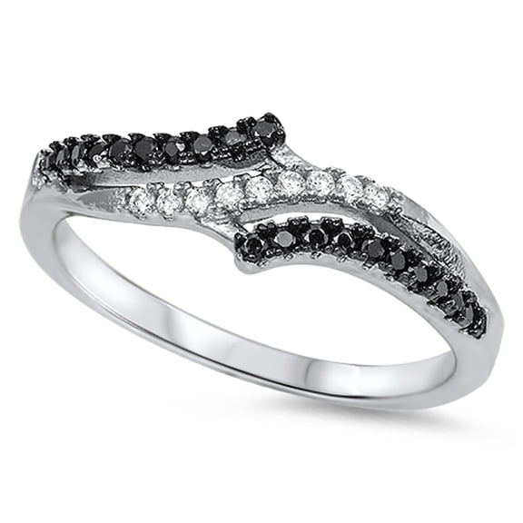 Women's Wave White Black Cubic Zirconia Ring .925 Sterling Silver Band Jewelry Female Male Size 6