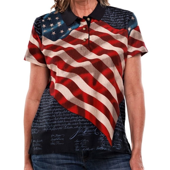 Women's Waving American Flag Stars and Stripes USA 4th of July Patriotic Polo