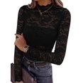 thumbnail image 1 of Women's Wavy Mock Neck Hollow Lace Slim Long Sleeve Top Black S, 1 of 10