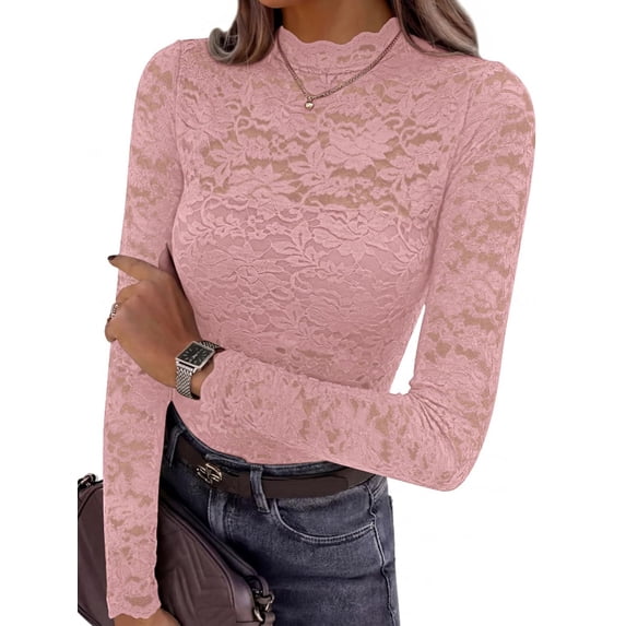 Women's Wavy Mock Neck Hollow Lace Slim Long Sleeve Top Pink XL
