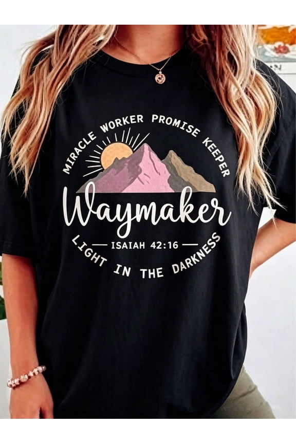 Women's Waymaker Miracle Worker Promise Keeper Mountain Bible Verse Graphic T-Shirt