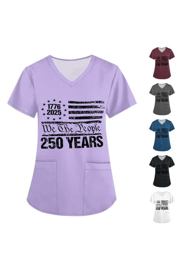 Women's "We The People" Script V-Neck Tee with "1776-2025" Star Circle and "250 Years" Bold Text, Subtle Black-on-Black Print for Sophisticated Look Gray L