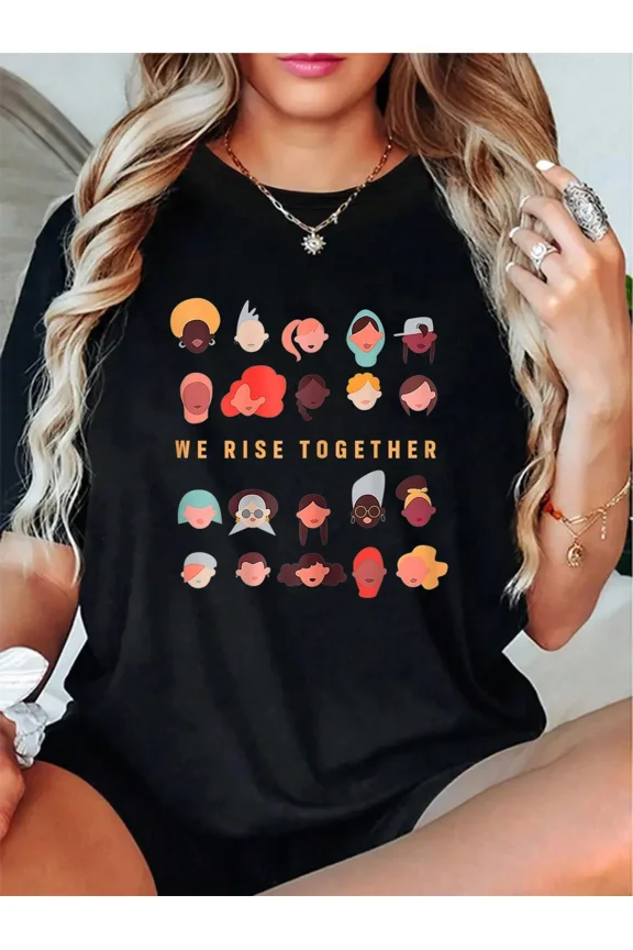 Women's We Rise Together Graphic T-Shirt, Diversity Empowerment Short Sleeve Crew Neck Tee, Black