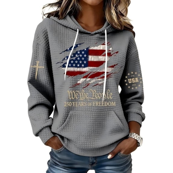 Women's We The People 250 Years of Freedom Hoodie,American Flag Cross Waffle Patriotic Hooded Sweatshirt with Pocket