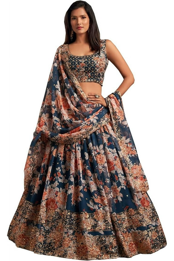Women's Wear Beautiful Indian Pakistani Designer Stitched Blouse Skirt Dupatta Choli ( Blue, 5XL - 52 )