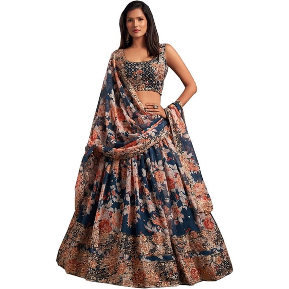 Women's Wear Beautiful Indian Pakistani Designer Stitched Blouse Skirt Dupatta Choli ( Blue, XL - 44 )