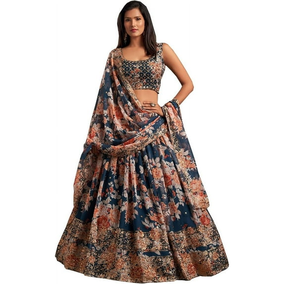 Women's Wear Beautiful Indian Pakistani Designer Stitched Blouse Skirt Dupatta Choli ( Blue, XS - 36 )