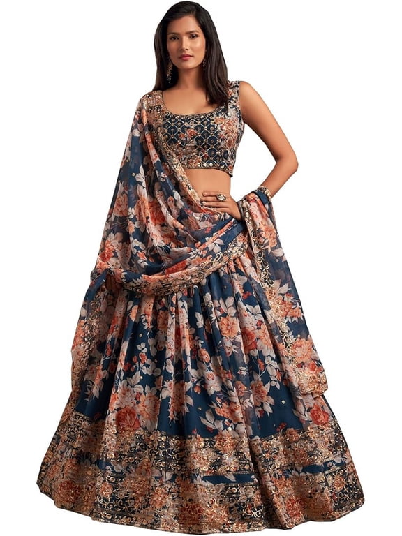 Women's Wear Beautiful Indian Pakistani Designer Stitched Blouse Skirt Dupatta Choli ( Blue, XS - 36 )