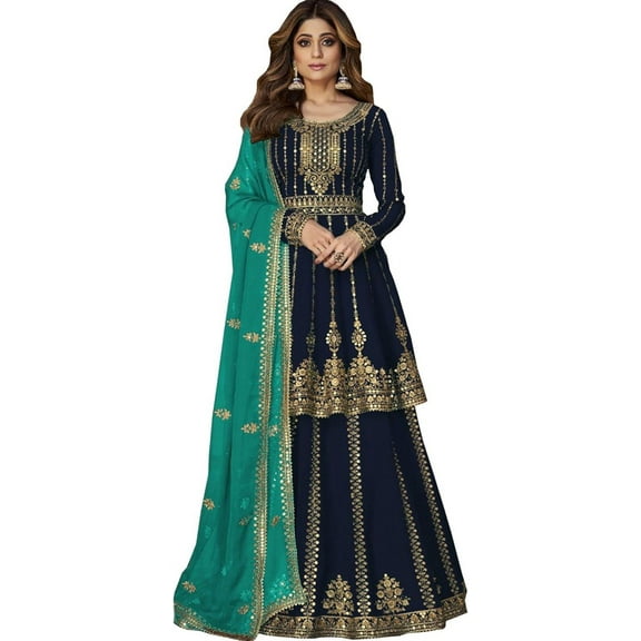 Women's Wear Designer Pakistani Indian Stitched Salwar Kameez Anarkali Lengha Outfits ( Blue, 3XL - 48 )
