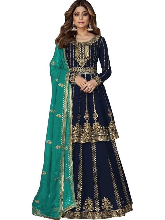 Women's Wear Designer Pakistani Indian Stitched Salwar Kameez Anarkali Lengha Outfits ( Blue, L - 42 )