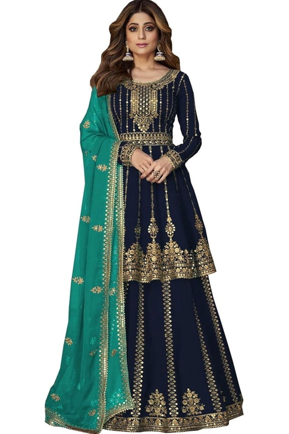 Women's Wear Designer Pakistani Indian Stitched Salwar Kameez Anarkali Lengha Outfits ( Blue, XL - 44 )
