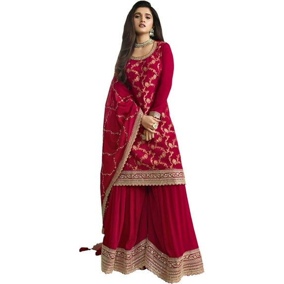 Women's Wear Designer Swen Indian Shalwar Kameez Suits Pakistani Palazzo Dress ( Red, L - 42 )