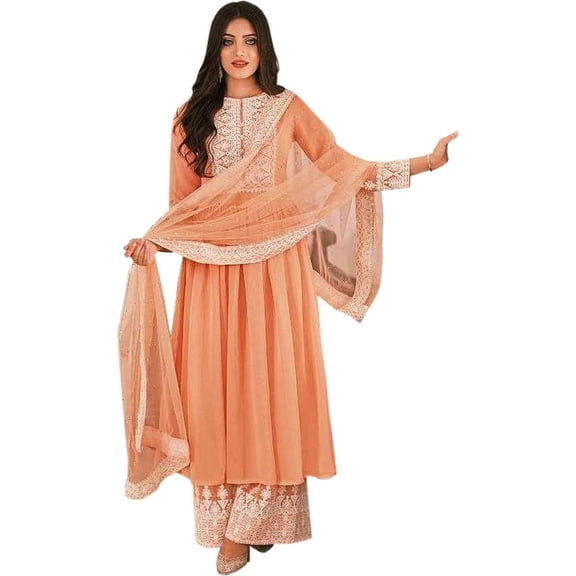 Women's Wear Stitched Kameez Salwar Dresses Indian Pakistani Sewn Plazzo Suits ( Orange, M - 40 )