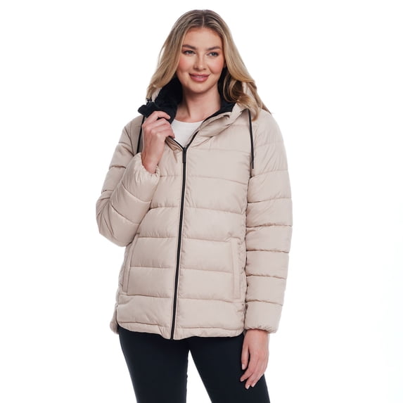 Women's Weathercast Hooded Puffer Coat with Cozy Pile Color: Beechwood Size: MEDIUM