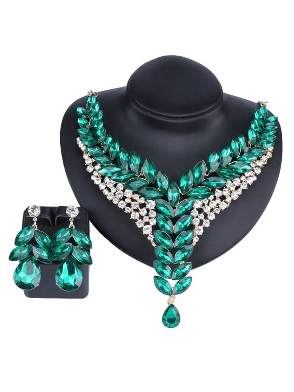 Women's Wedding Bridal Bridesmaid Rhinestone Crystal Statement Necklace Earrings Party Costume Jewelry Set