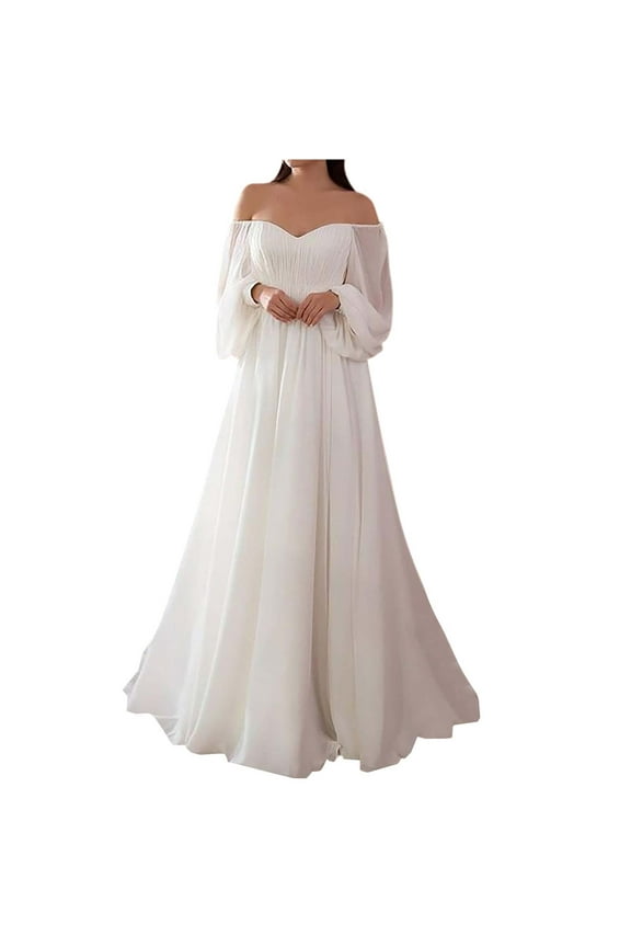 Women's Wedding Dress Sexy Off Shoulder Long Sleeve Bridal Bridesmaid White Beach Wedding Dresses for Bride