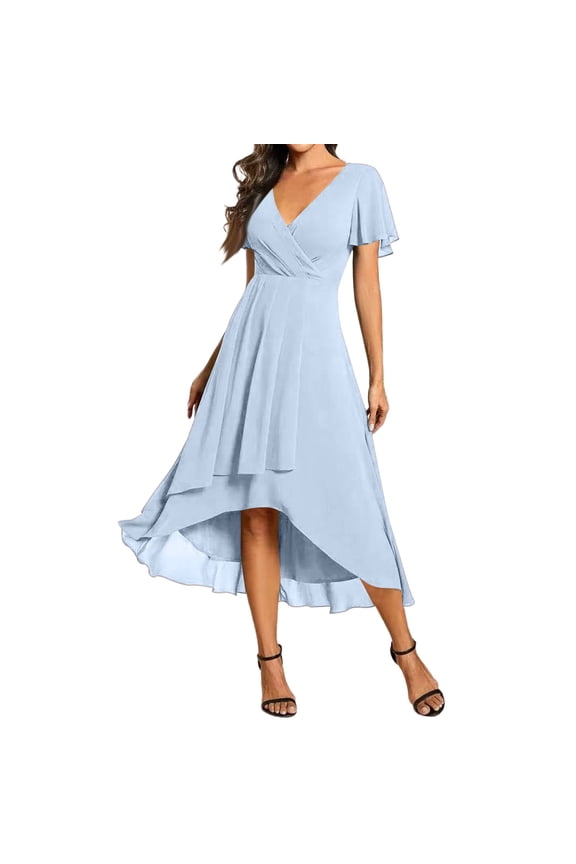 Women's Wedding Guest Dress Chiffon V Neck Ruched Short Sleeves Midi High Low Birthday Semi Formal Dresses Light Blue M