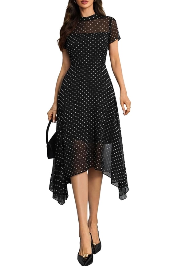 Women's Wedding Guest Floral Print Vintage Goth Dress Mesh Spliced Double-Layered Irregular Hemline Midi Dresses