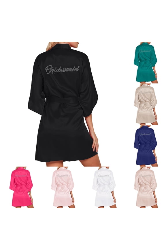 Women's Wedding Party Robe Letters Kimono Satin Pyjamas Bridesmaid Bathrobe Hooded Zipper Robes for Women Long One Size