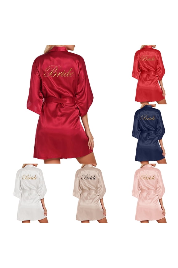 Women's Wedding Party Robe Letters Kimono Satin Pyjamas Bridesmaid Bathrobe Silk Robes for Women Long L