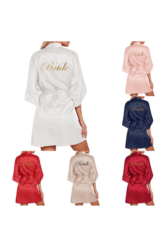 Women's Wedding Party Robe Letters Kimono Satin Pyjamas Bridesmaid Bathrobe Silk Robes for Women Long XXL
