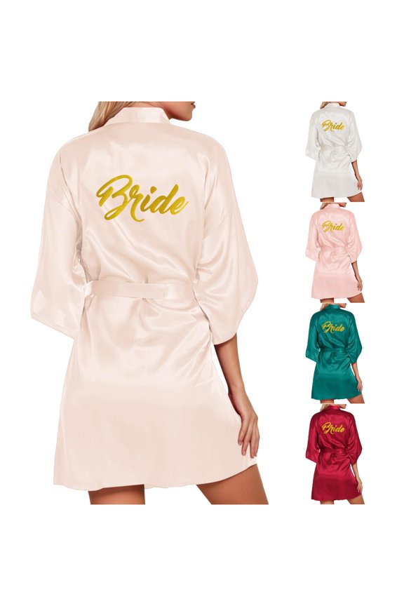 Women's Wedding Party Robe Letters Kimono Satin Pyjamas Bridesmaid Bathrobe after Shower Robe Women Long S