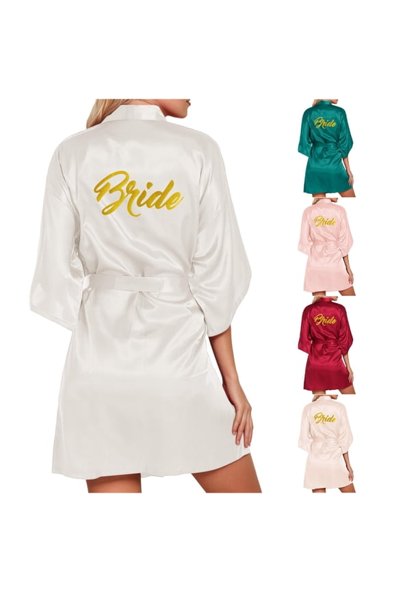 Women's Wedding Party Robe Letters Kimono Satin Pyjamas Bridesmaid Bathrobe after Shower Robe Women Long XXL