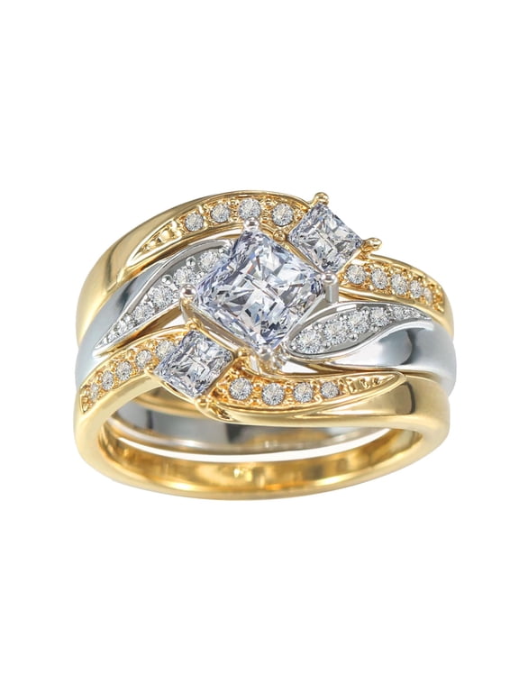 Women's Wedding Ring Sets Yellow Gold Plated Three Stone 1.5CT Square AAA CZ Ring for Women
