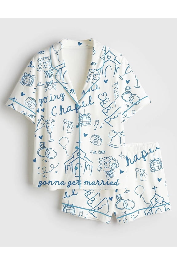 Women’s Wedding Theme Printed Pajama Set | Short & Long Pants Options | Short Sleeve Sleepwear