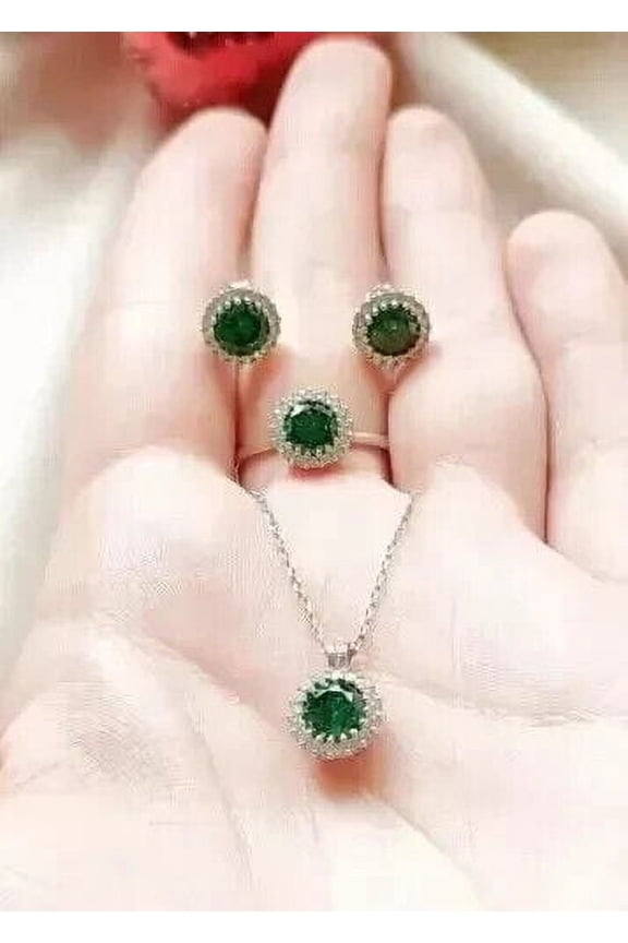 Women's Weddings Mix Jewelry Set 14K White Gold Plated 4Ct Round Cut Simulated Green Emerald