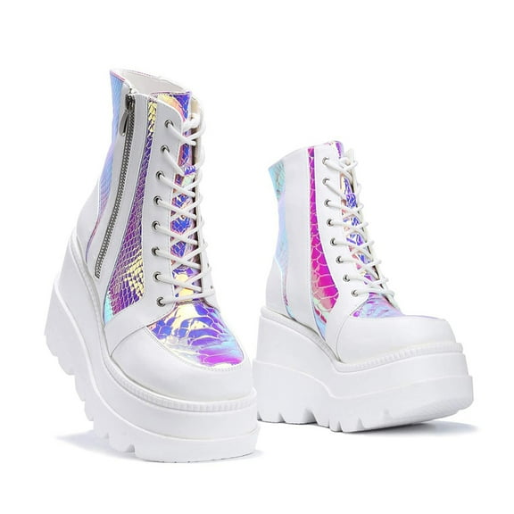 Women's Wedge Ankle Boots Halloween Fashion Chunky Heel Booties Lace up Buckle Goth Motorcycle Platform Boot Military Combat Boots