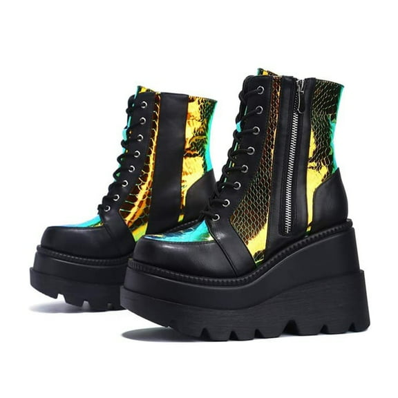Women's Wedge Ankle Boots Halloween Fashion Chunky Heel Booties Lace up Buckle Goth Motorcycle Platform Boot Military Combat Boots
