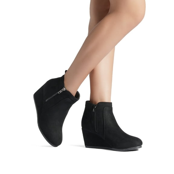 Women's Wedge Ankle Boots, Low Heel Zip Booties, Comfortable Round Toe Suede Fall Winter Shoes