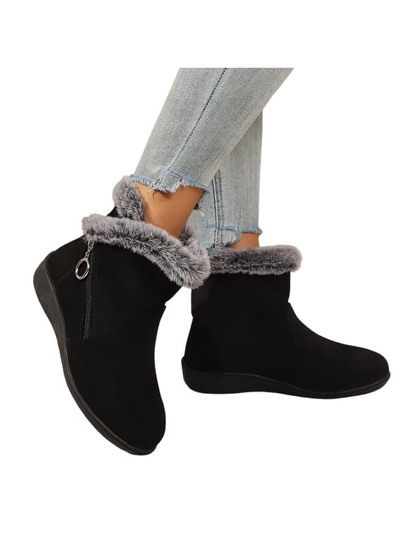 Women's Wedge Ankle Boots Suede Side Zip Fur Lined Booties Round Toe Flats Fall Winter Casual Everyday Comfortable Shoes Black 8.5