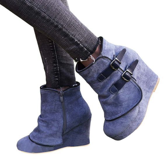 Women's Wedge Boots Comfortable Fold Over Ankle Booties Casual Fashion Buckle Belt Suede Round Toe Boos