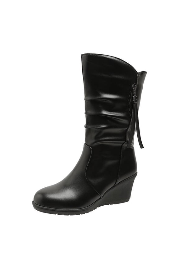 Women's Wedge Boots Faux Leather Side Zipper Mid Calf Boots Warm Winter Boots Comfortable Slip On Wedge Heel Shoes Black 35